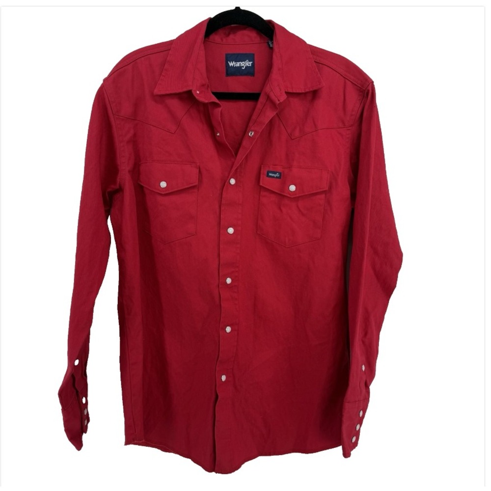 Wrangler Brushpopper Mens M Western Pearl Snap‎ Shirt Red Cotton